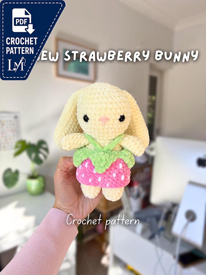 No-Sew Baby Bunny in Strawberry Dress Crochet Pattern | Cute Amigurumi Plushie Animal Digital Tutorial Download Bundle